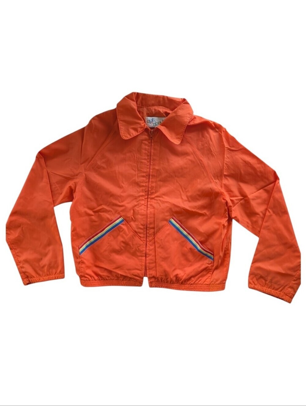 Vintage 70s Rainbow Trim Orange Windbreaker Jacket Retro Sporty Nylon Small